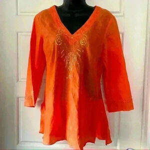 ALISSON TAYLOR ORANGE LINNEN V  NECK TUNIC SIZE MEDIUM